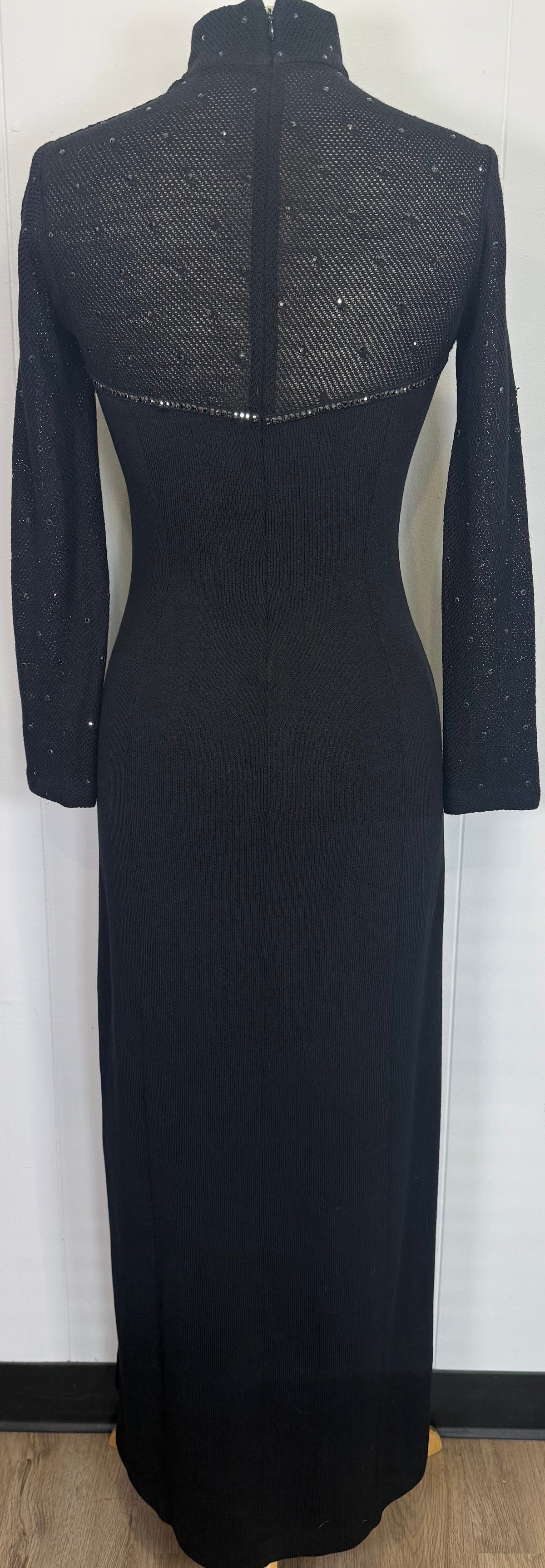 St. John Black Santana Knit Long Dress – Crystal Paillettes & Open Stitching – Size 2 and 6