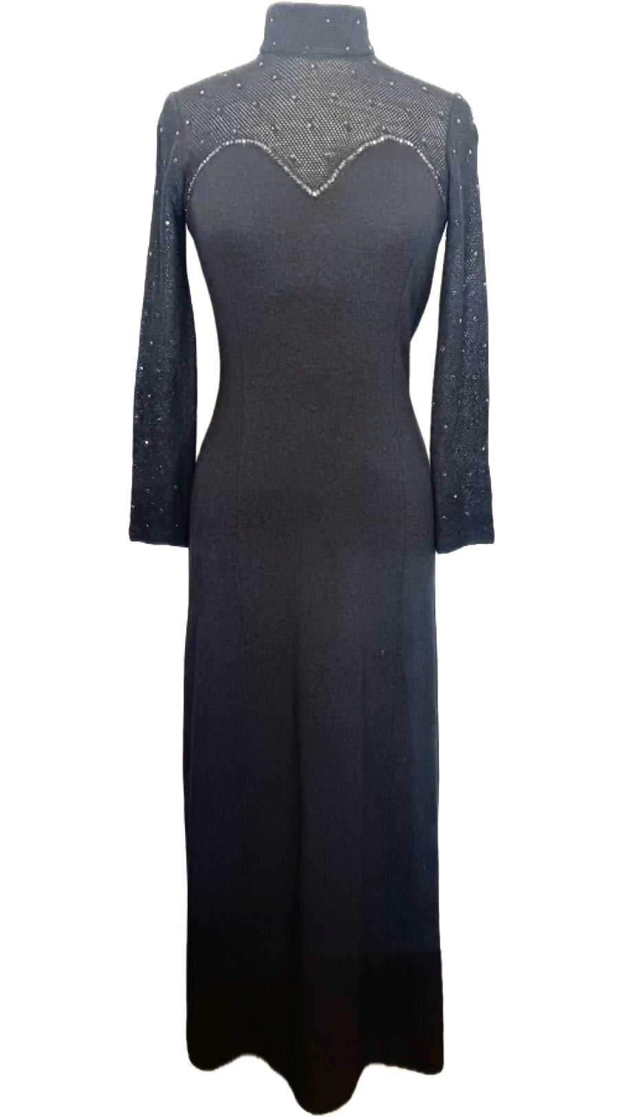St. John Black Santana Knit Long Dress – Crystal Paillettes & Open Stitching – Size 2 and 6