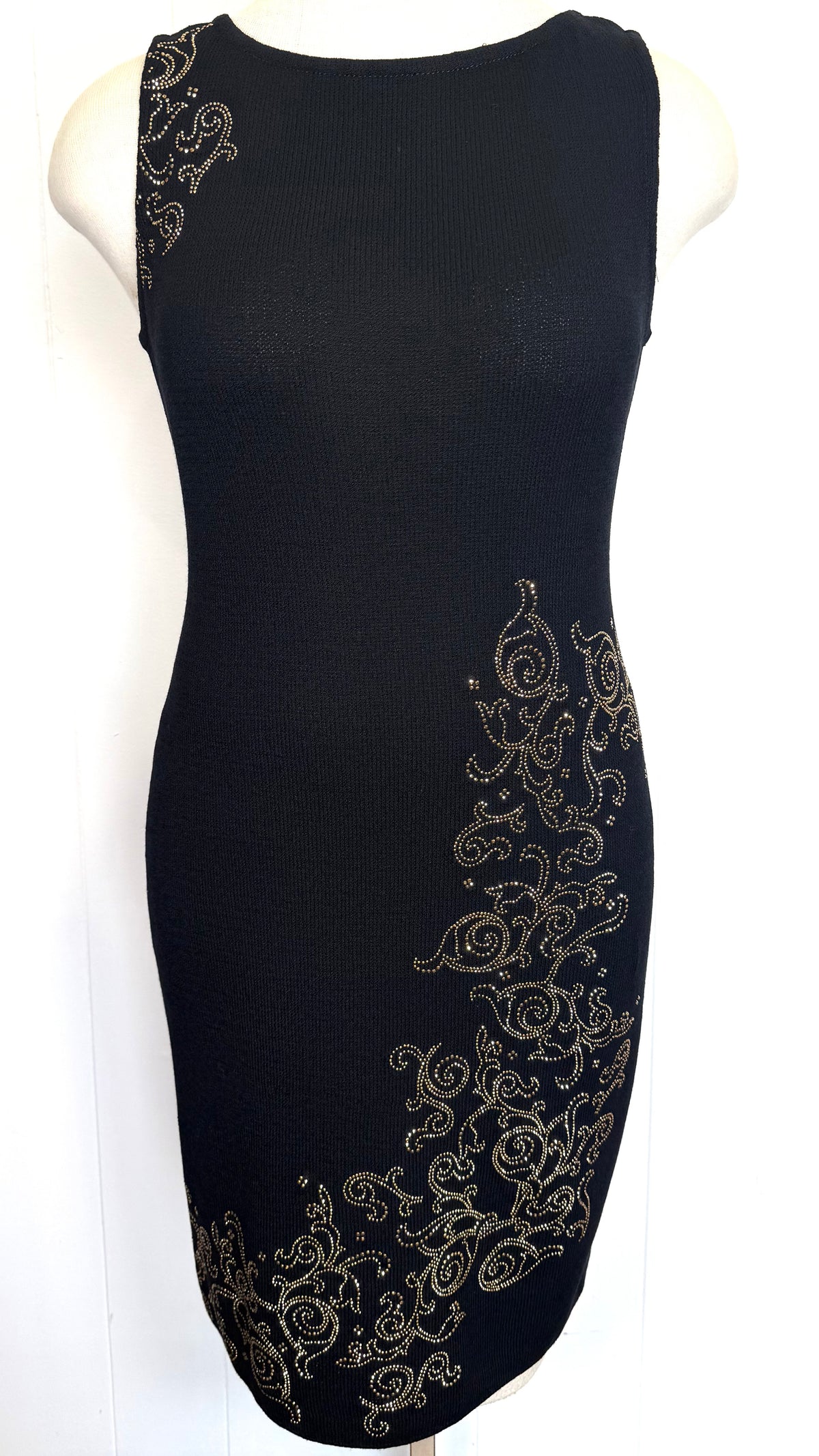 St. John Black Santana Knit Dress – Gold Paillette Stud Design – Size 10
