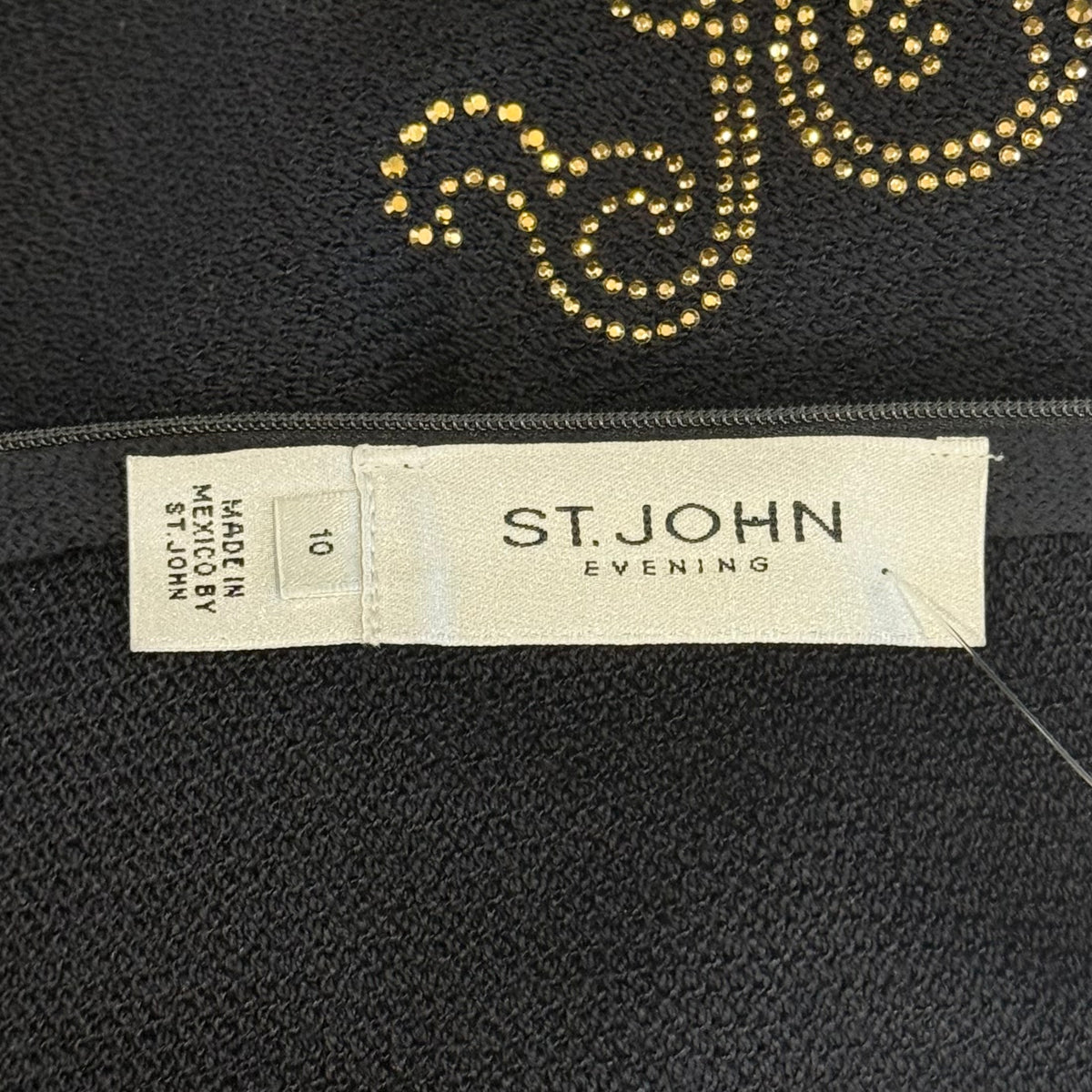 St. John Black Santana Knit Dress – Gold Paillette Stud Design – Size 10