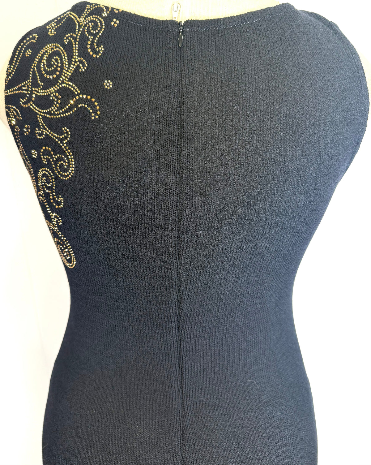 St. John Black Santana Knit Dress – Gold Paillette Stud Design – Size 10