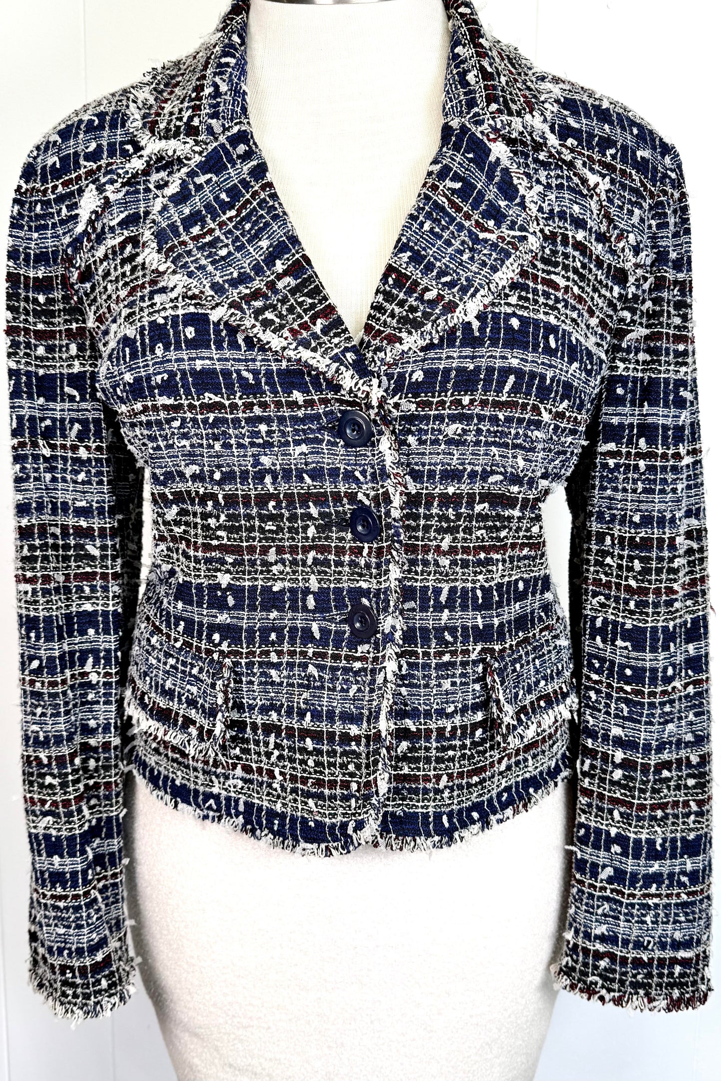 St. John Couture Textured Knit Fringe Jacket – Navy Red & White - Size 16