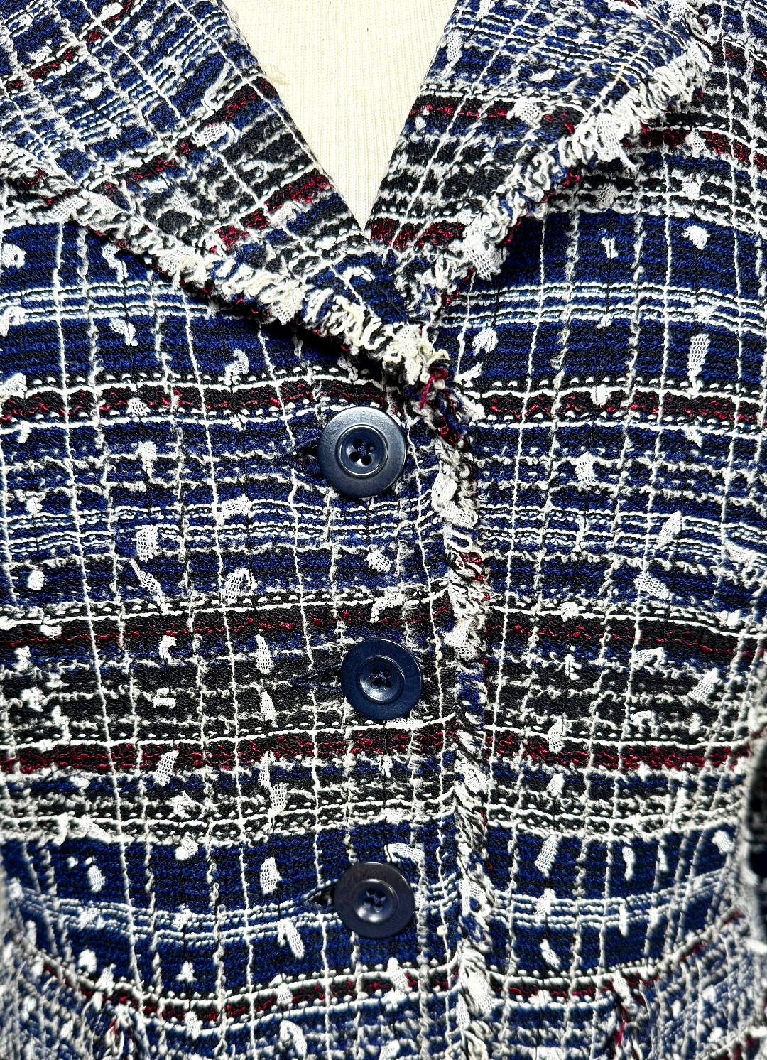St. John Couture Textured Knit Fringe Jacket – Navy Red & White - Size 16