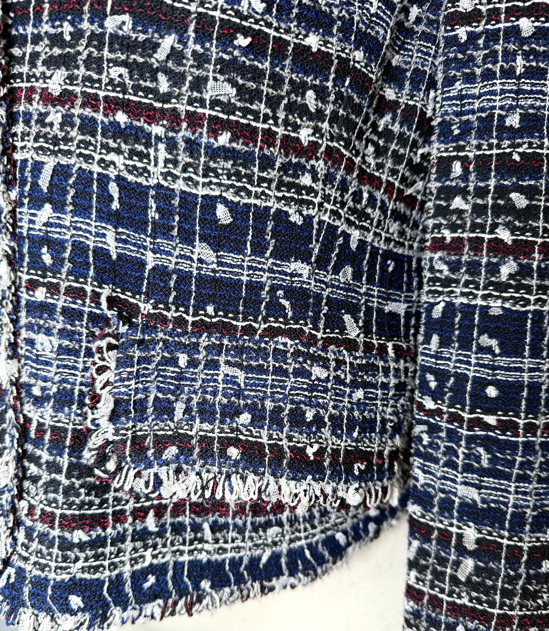 St. John Couture Textured Knit Fringe Jacket – Navy Red & White - Size 16
