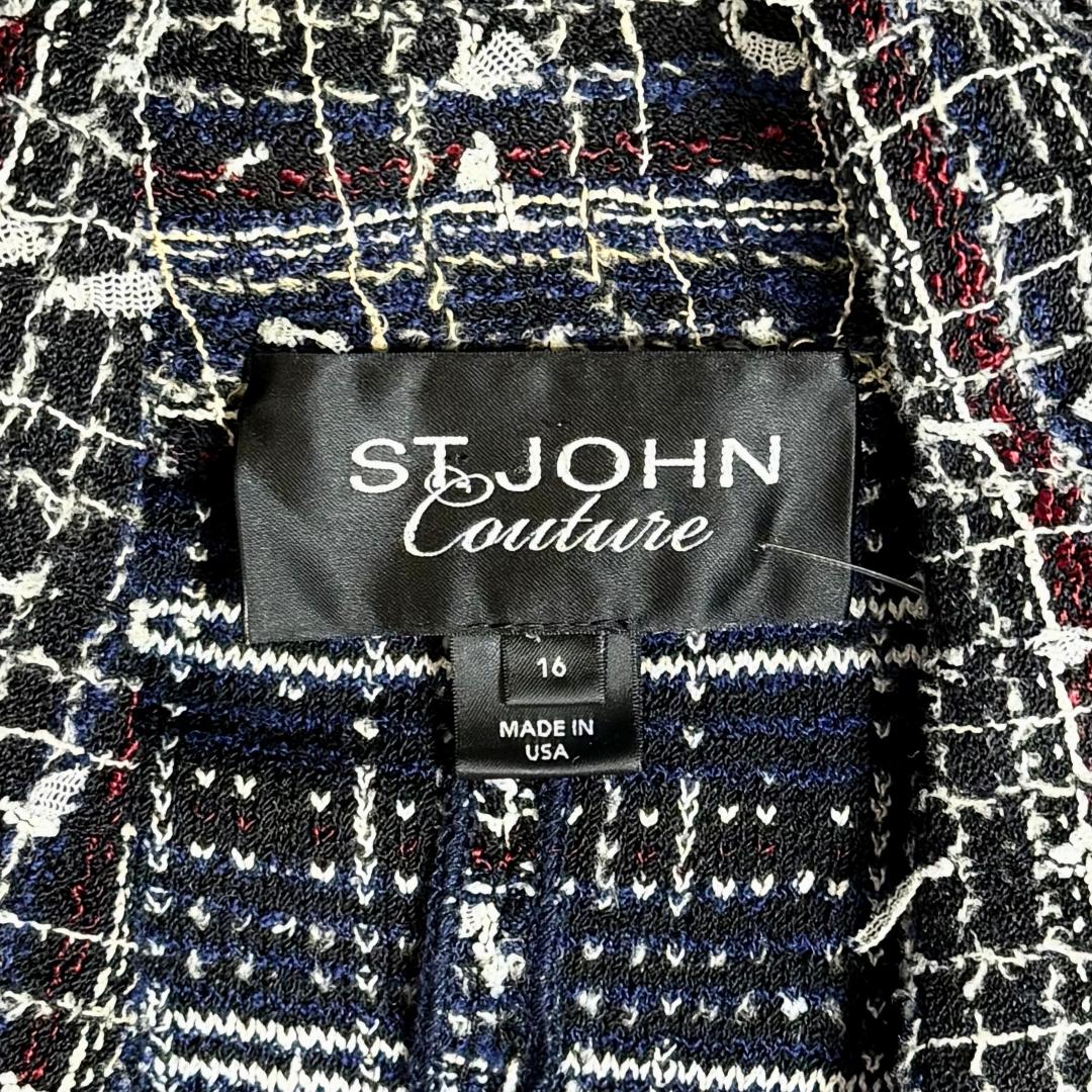 St. John Couture Textured Knit Fringe Jacket – Navy Red & White - Size 16