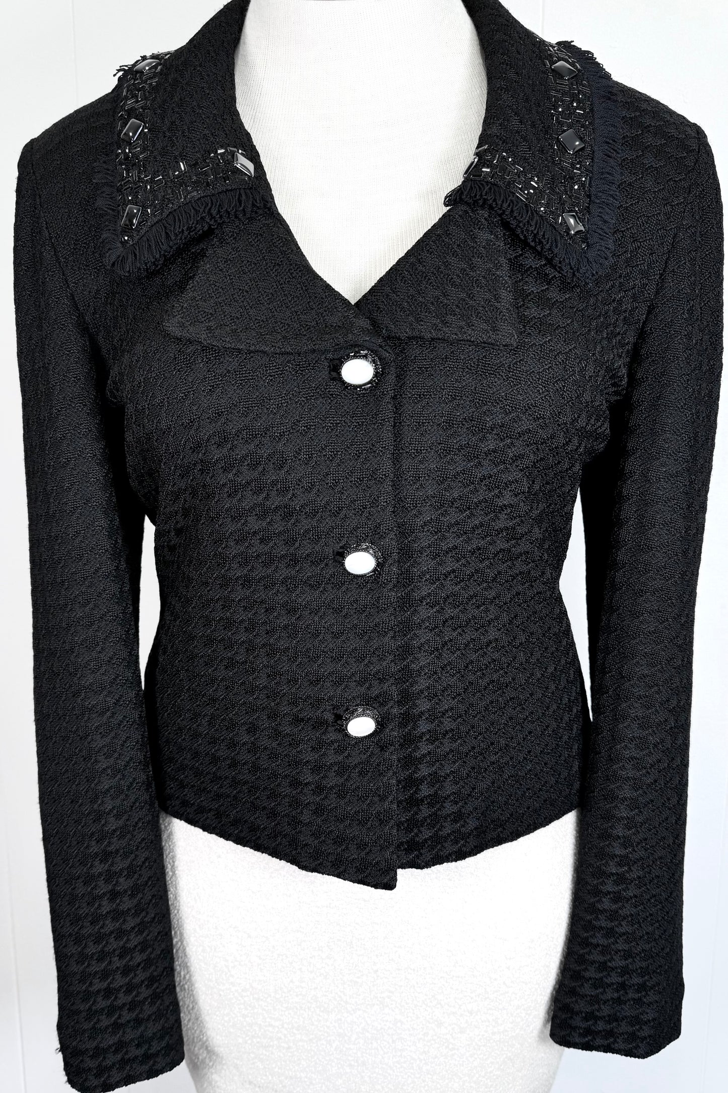 St. John Black Paillette Embellished Collar Jacket with Pearl Buttons - Size 10