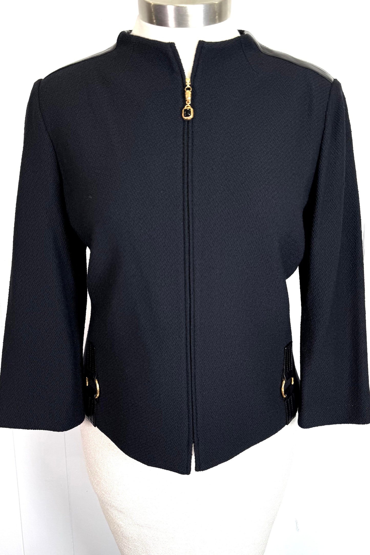 St. John Black Santana Knit Zip Jacket – Leather & Buckle Detail - Size 14/16