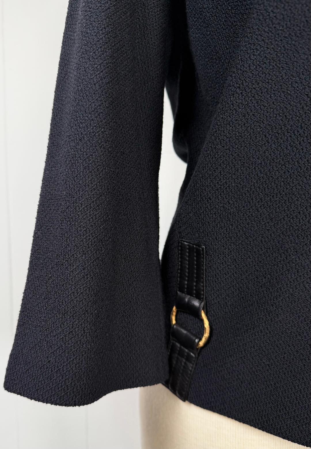St. John Black Santana Knit Zip Jacket – Leather & Buckle Detail - Size 14/16