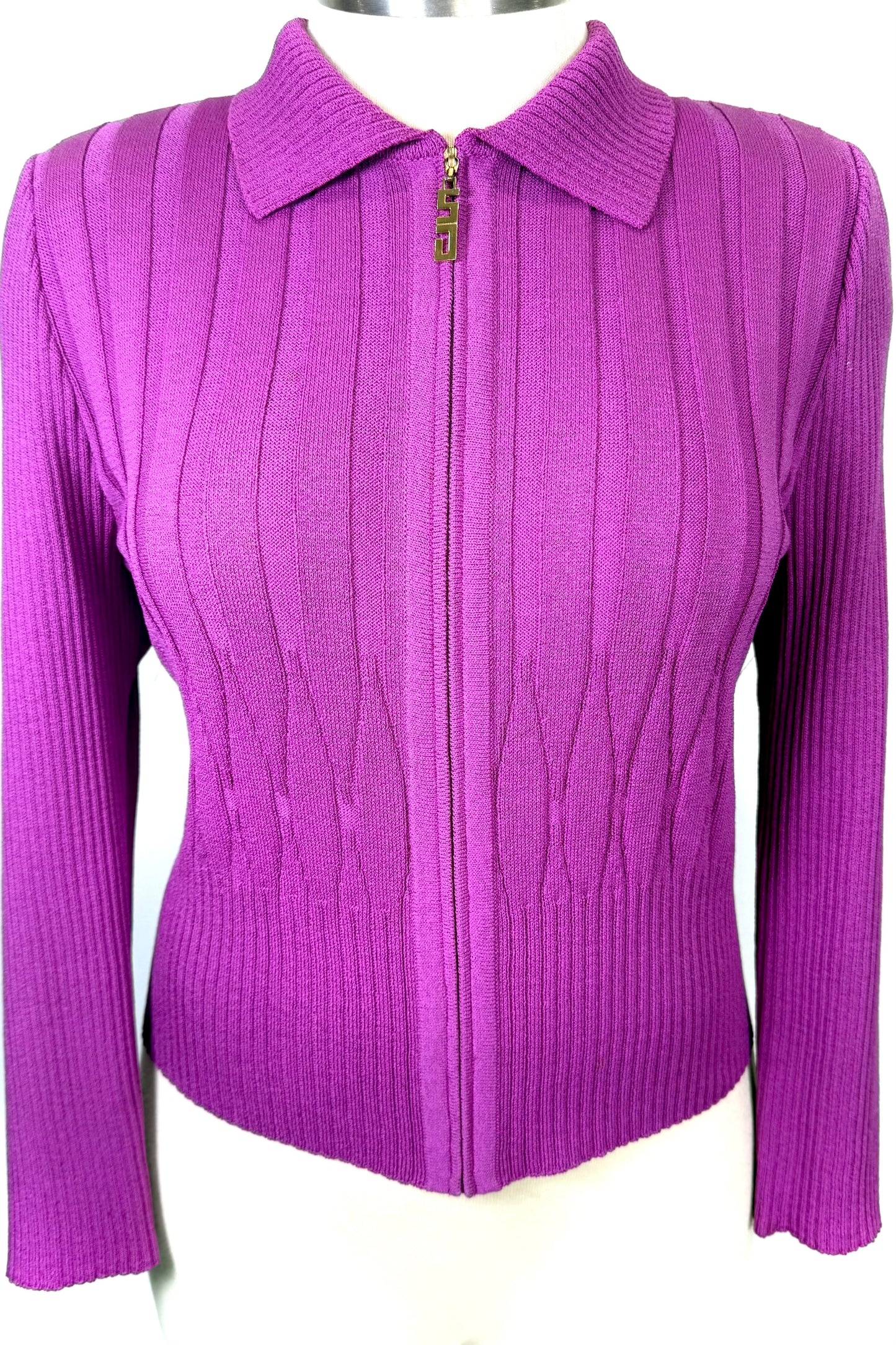 St. John Purple Santana Knit Sweater Jacket with Logo Zipper Pull - Size 16