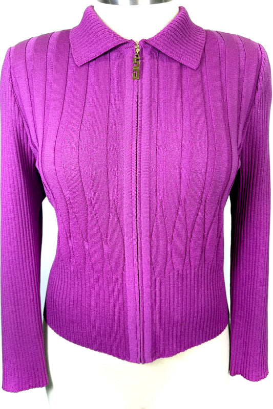 St. John Purple Santana Knit Sweater Jacket with Logo Zipper Pull - Size 16