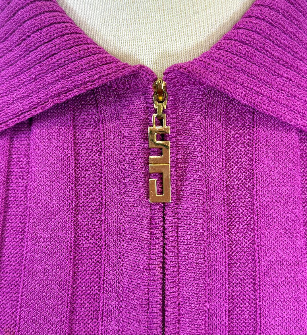 St. John Purple Santana Knit Sweater Jacket with Logo Zipper Pull - Size 16