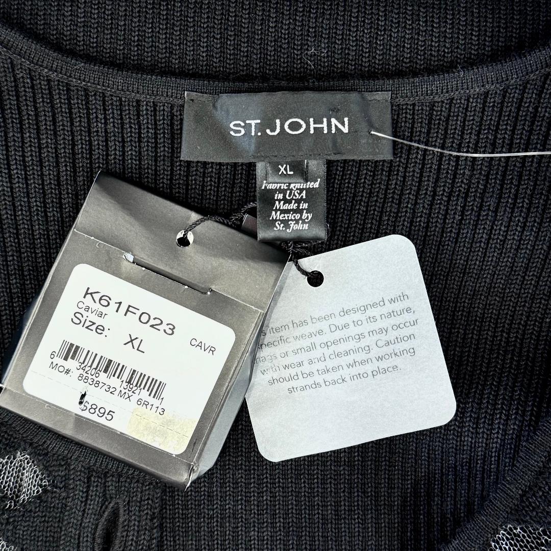 St. John Black Wool Blend Sweater Jacket with Sheer Diamond Pattern - NWT $895 - Size XL/12/14