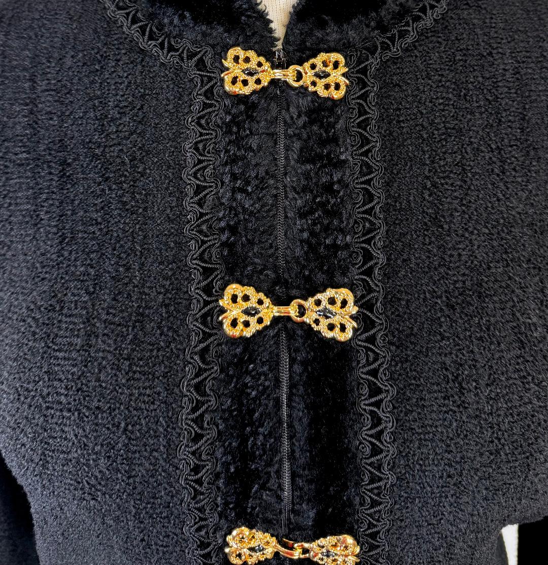 St. John Black Chenille Zip Jacket - Gold Buckle Accents & Velvet Trim - Size 14