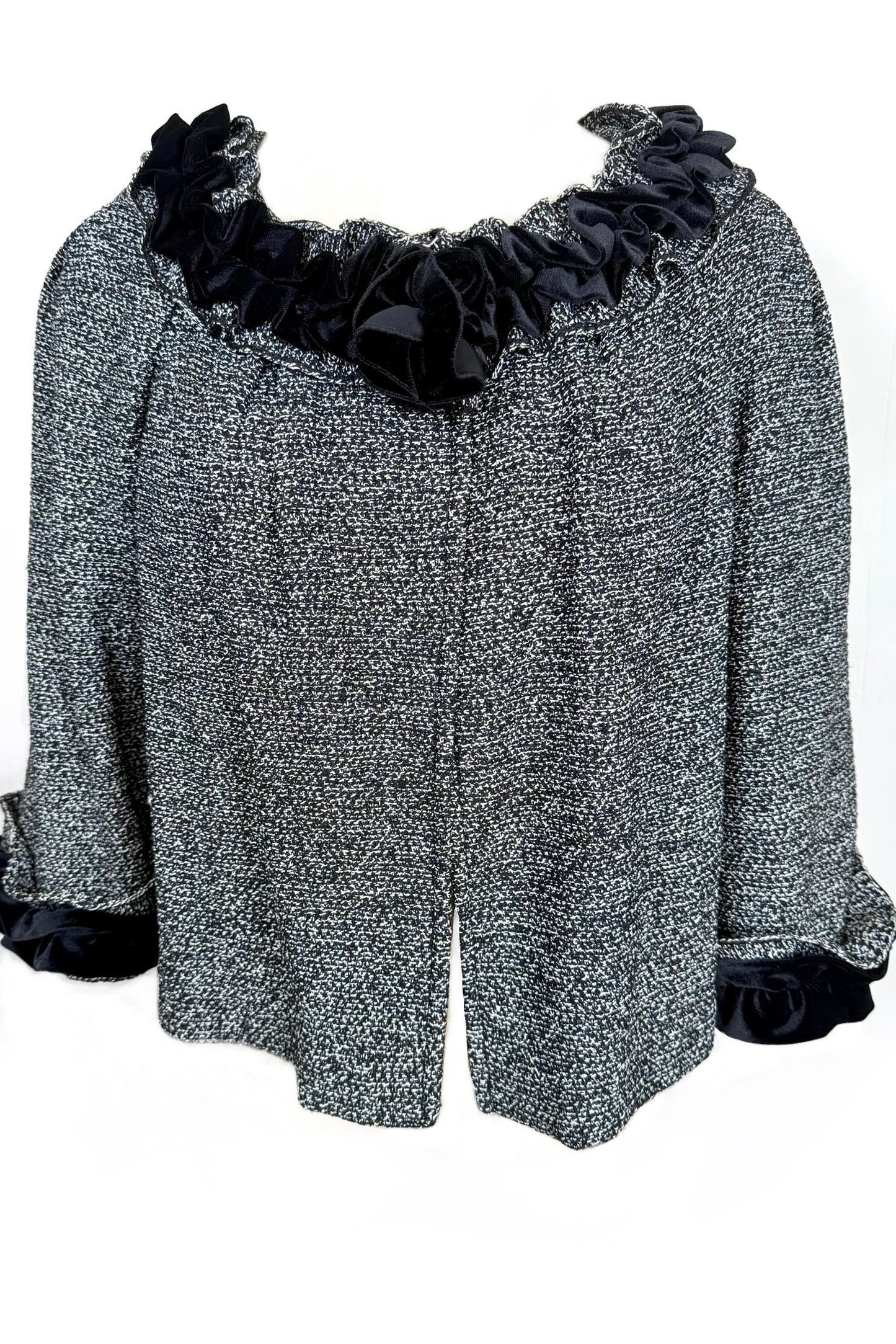St. John Couture Black & White Textured Swing Jacket with Velvet Trim - Size 12/14