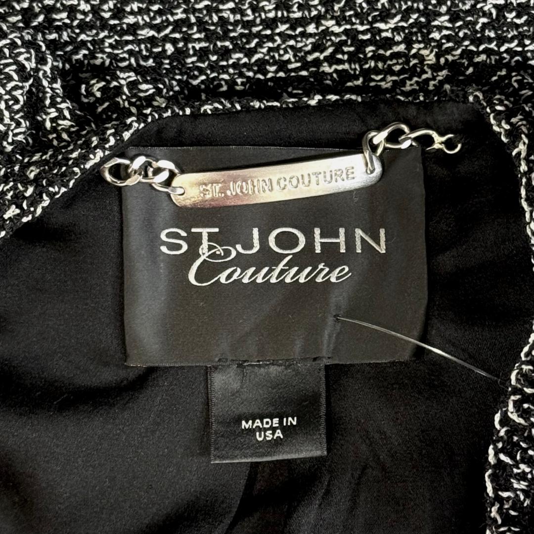 St. John Couture Black & White Textured Swing Jacket with Velvet Trim - Size 12/14