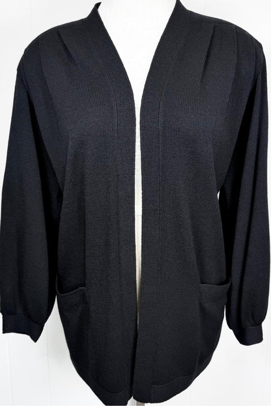 St. John Rare Iconic Black Santana Knit Long Open Jacket with Pockets - Size L/16/18