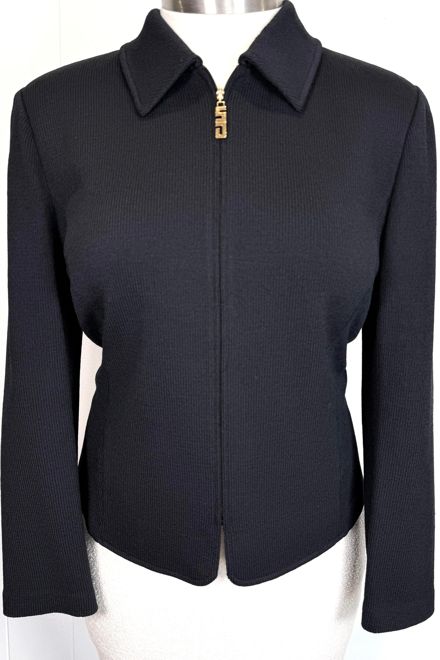 St. John Classic Black Santana Knit Jacket with Gold Logo Zipper - Size 14