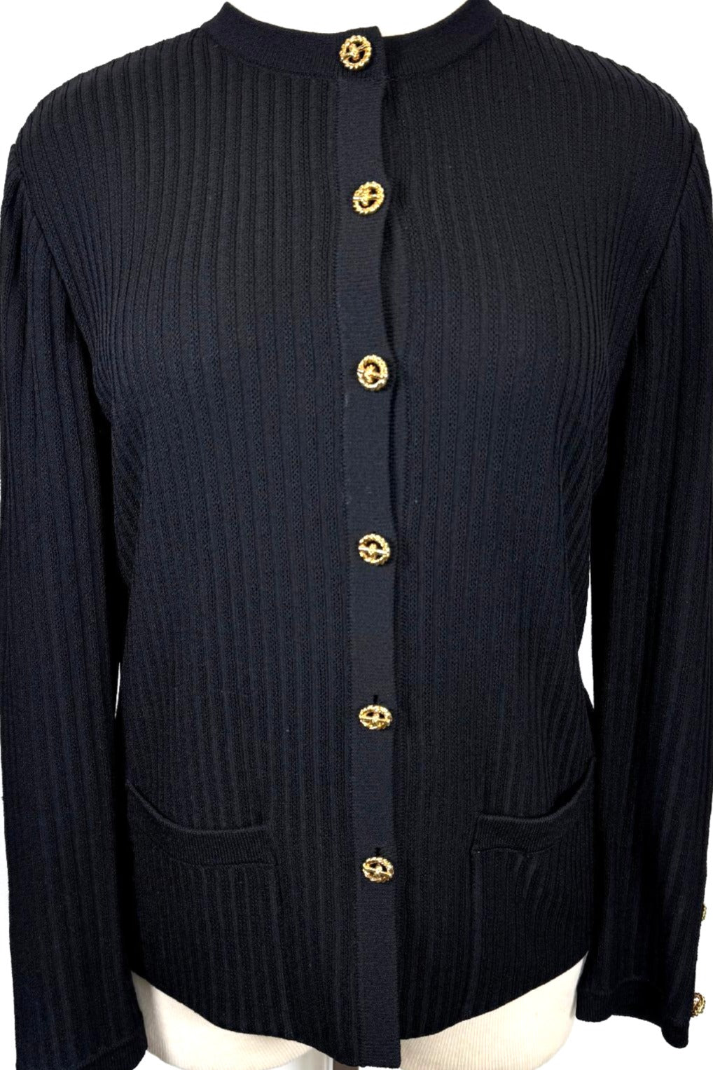 St. John Classic Black Santana Knit Jacket - Gold Buttons & Ribbed Detailing - Size 16