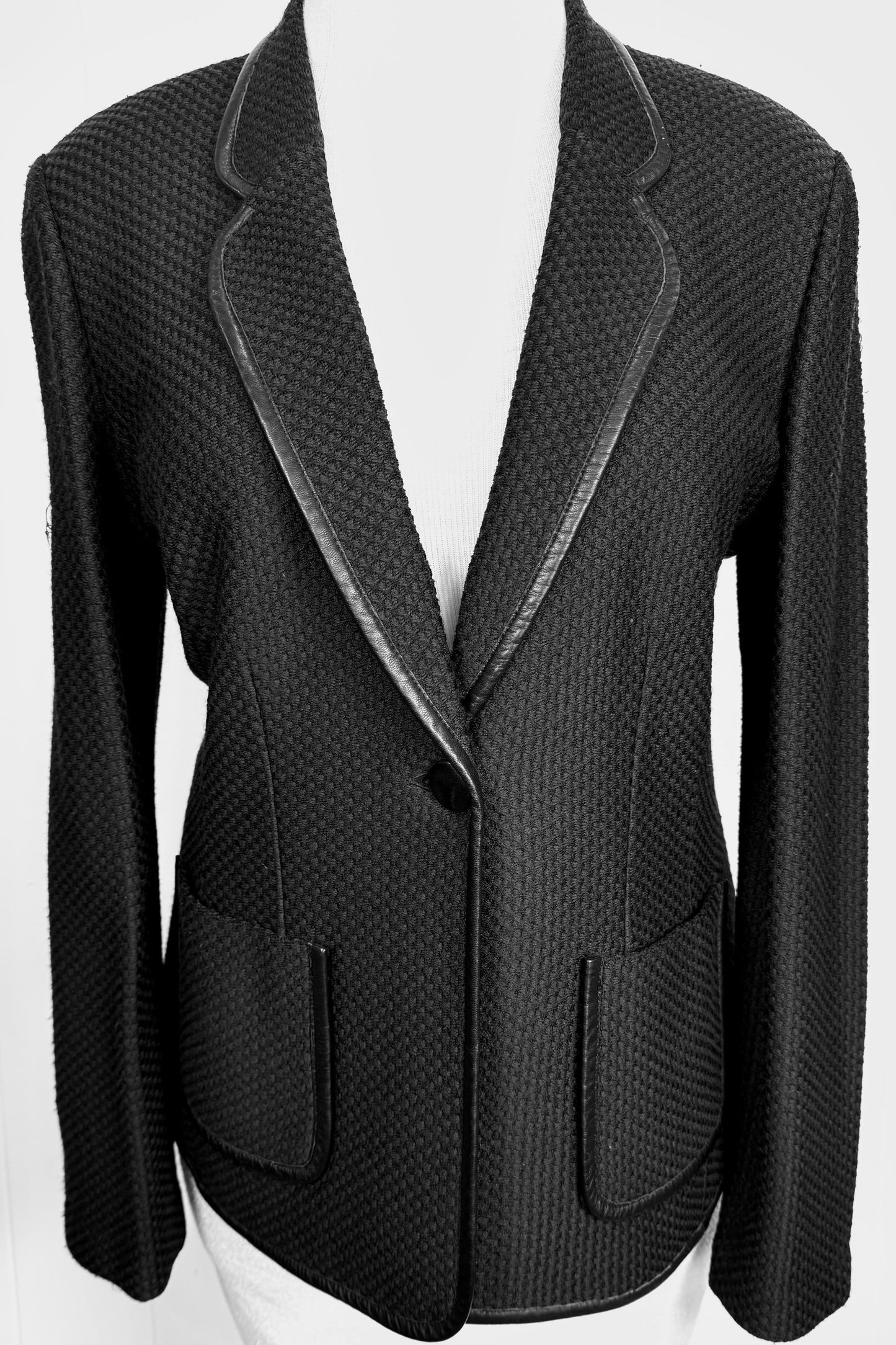 St. John Dark Brown Textured Wool-Blend Jacket with Leather Trim - Size 16
