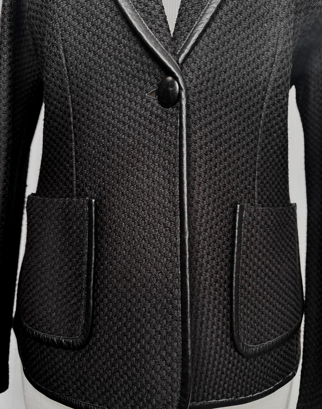 St. John Dark Brown Textured Wool-Blend Jacket with Leather Trim - Size 16