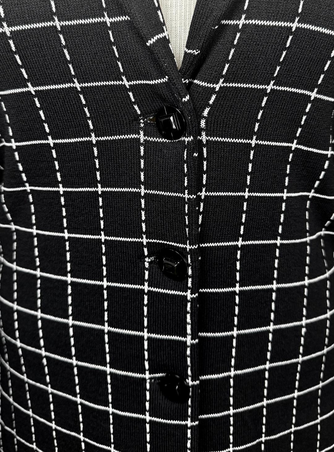 St. John Black & White Check Pattern Long Jacket with Notched Collar - Size 14