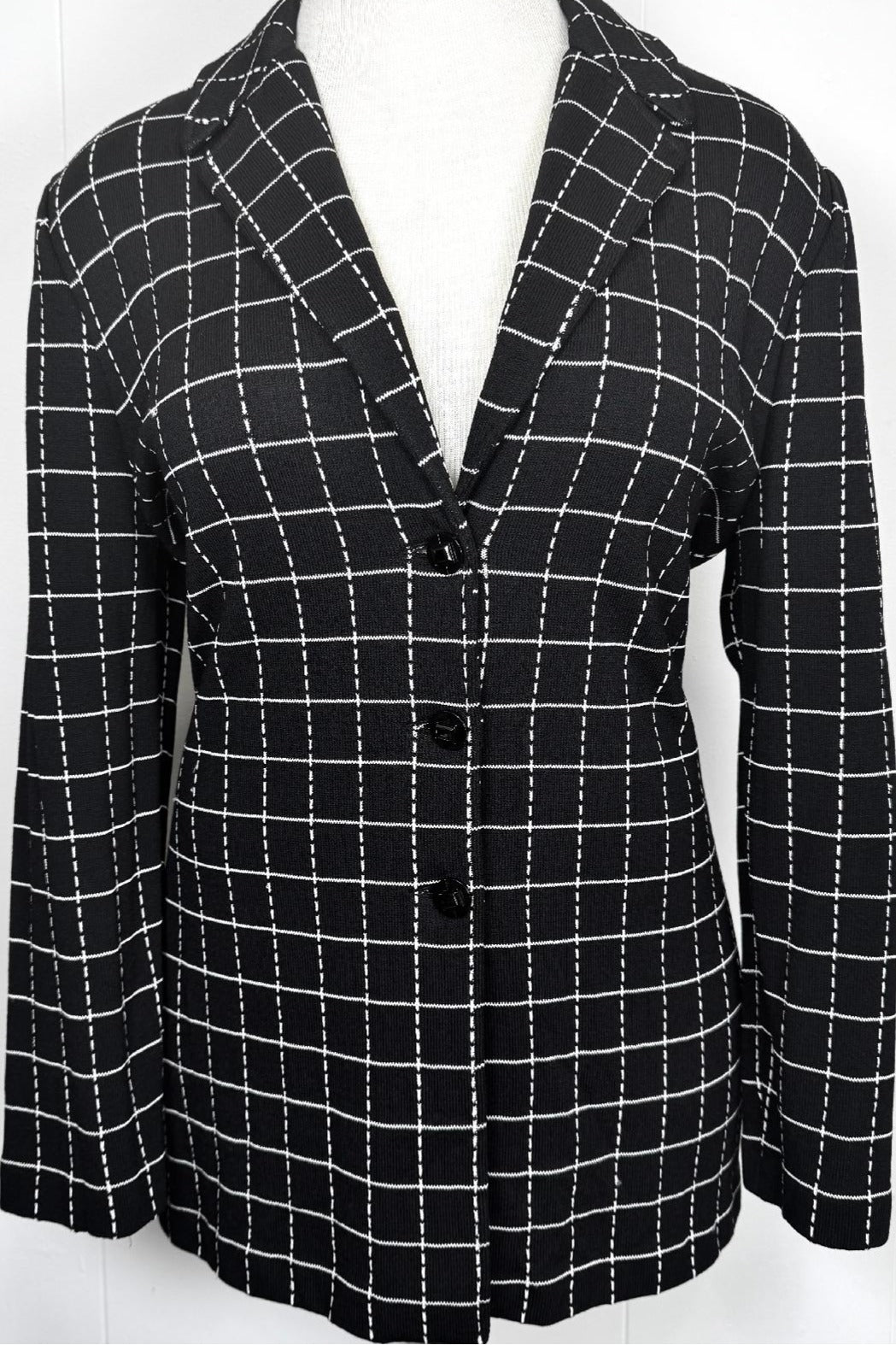 St. John Black & White Check Pattern Long Jacket with Notched Collar - Size 14