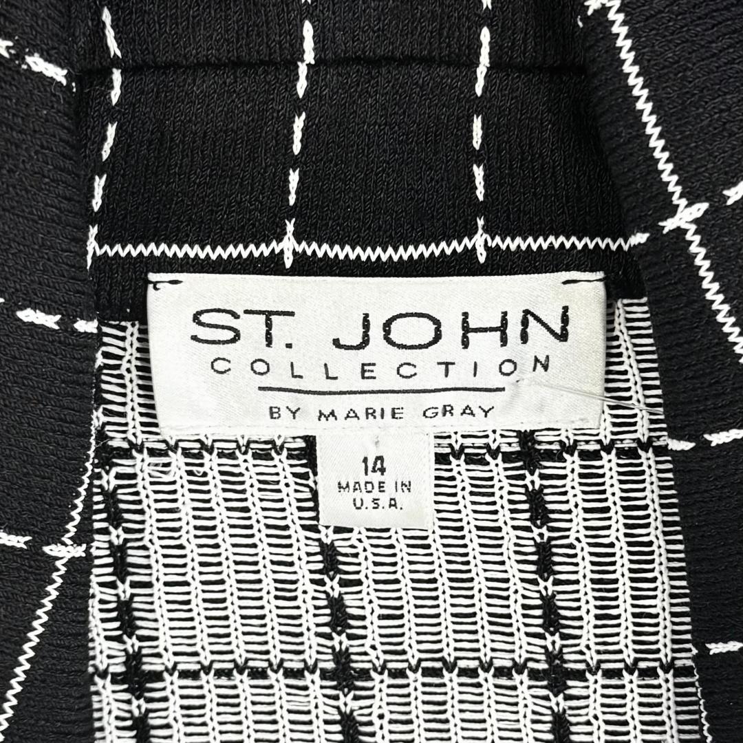 St. John Black & White Check Pattern Long Jacket with Notched Collar - Size 14
