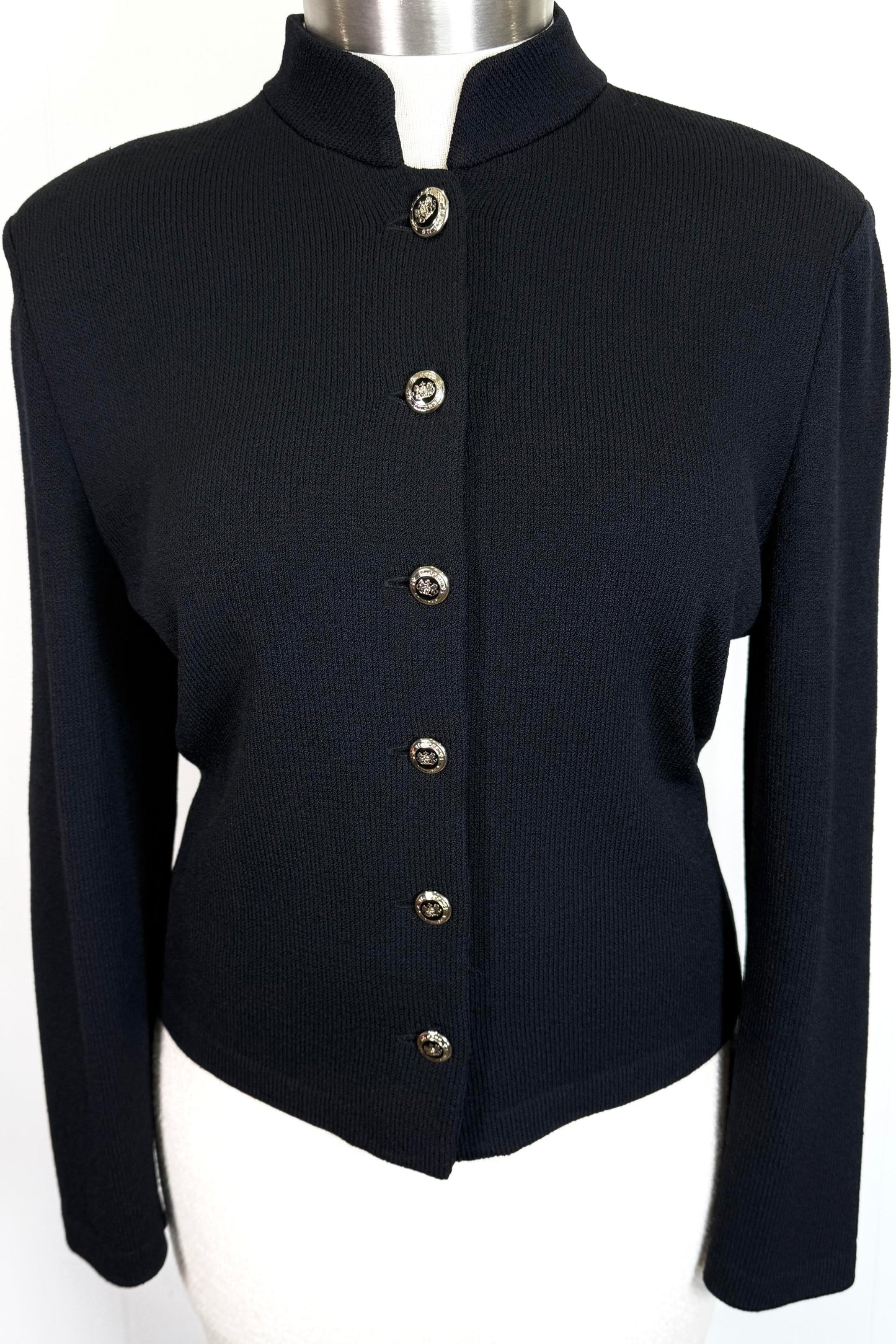St. John Classic Black Santana Knit Jacket - Iconic Stand Collar and Logo Buttons - Size 14