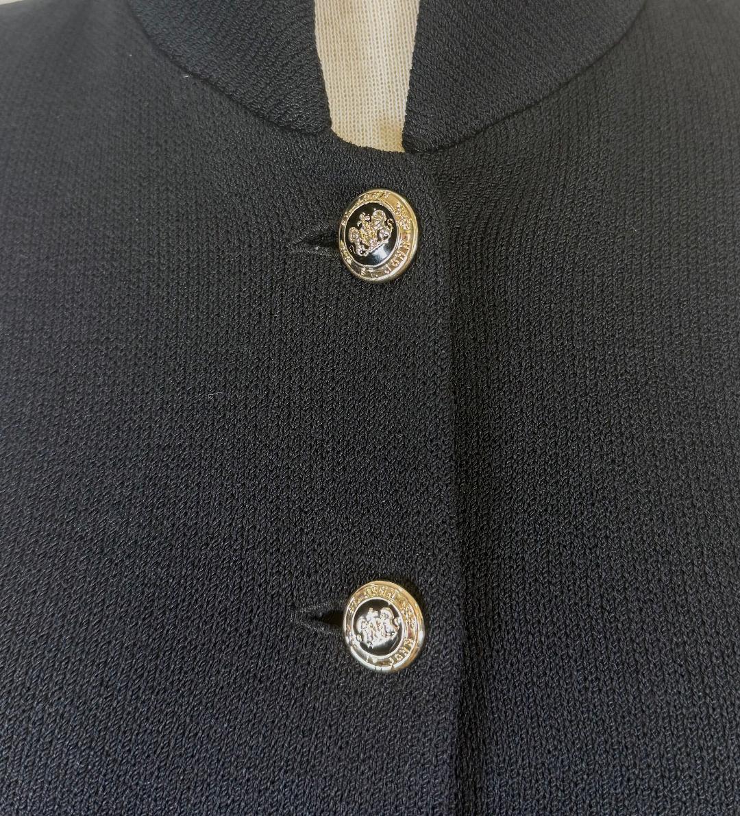 St. John Classic Black Santana Knit Jacket - Iconic Stand Collar and Logo Buttons - Size 14