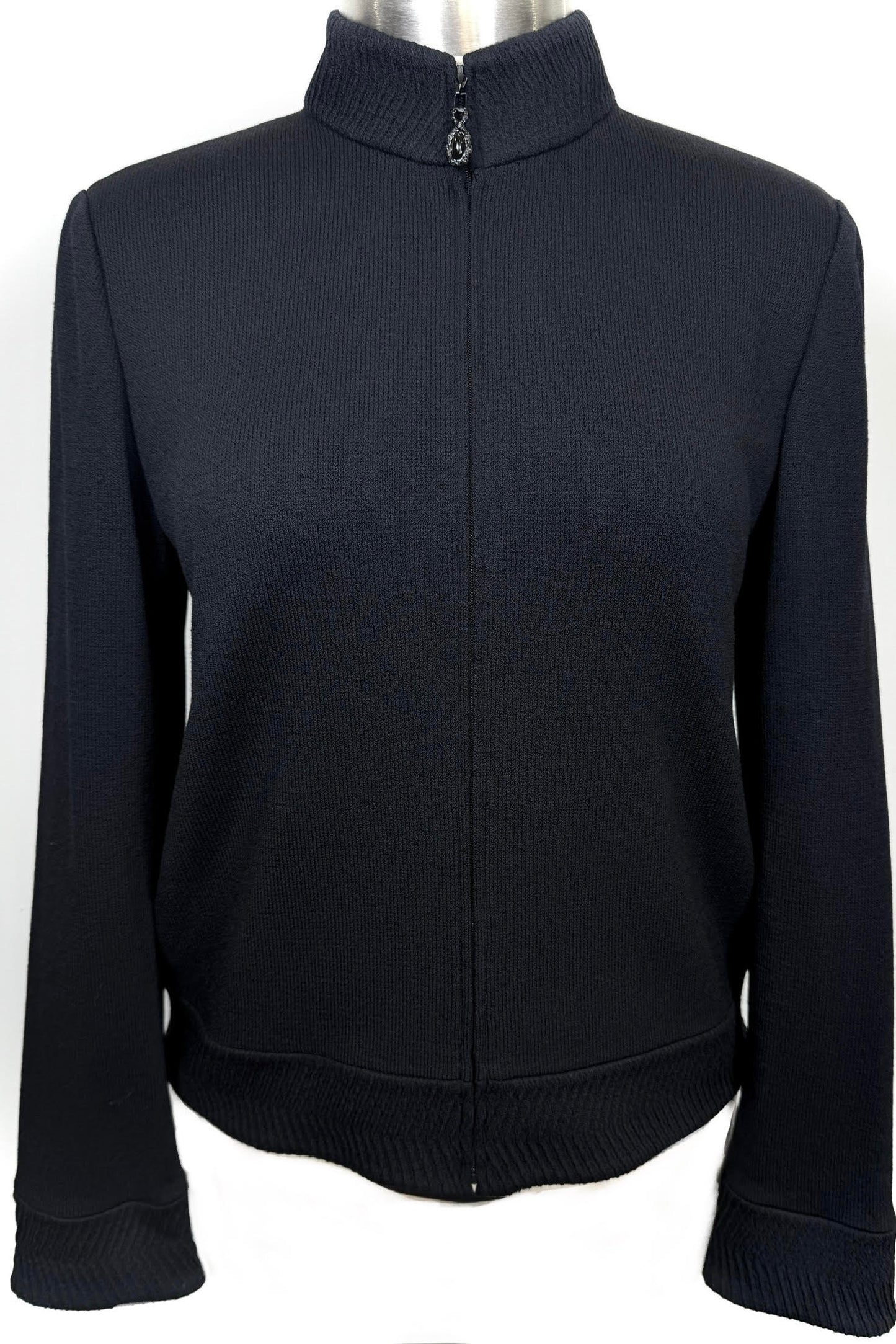 St. John Black Santana Knit Jacket - Novelty Trim, Zip Front, & Pockets - Size 14