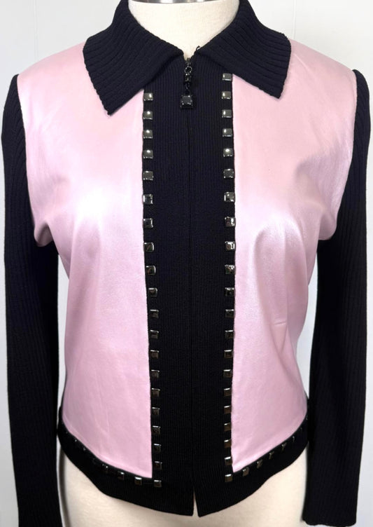 St. John Black & Blush Pink Jacket - Leather Contrast & Stud Detail - Size 16