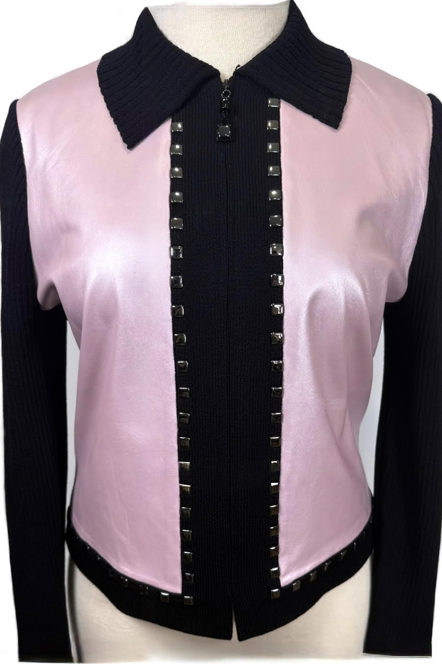 St. John Black & Blush Pink Jacket - Leather Contrast & Stud Detail - Size 16