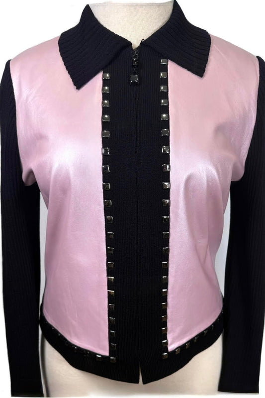 St. John Black & Blush Pink Jacket - Leather Contrast & Stud Detail - Size 16