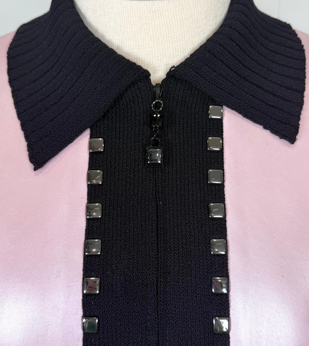 St. John Black & Blush Pink Jacket - Leather Contrast & Stud Detail - Size 16