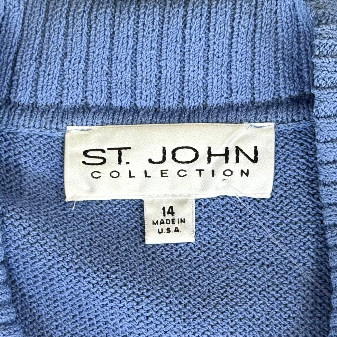 St. John Zip Jacket in Blue with White Trim & Popcorn Stitch Sleeves - Size 4 and 14