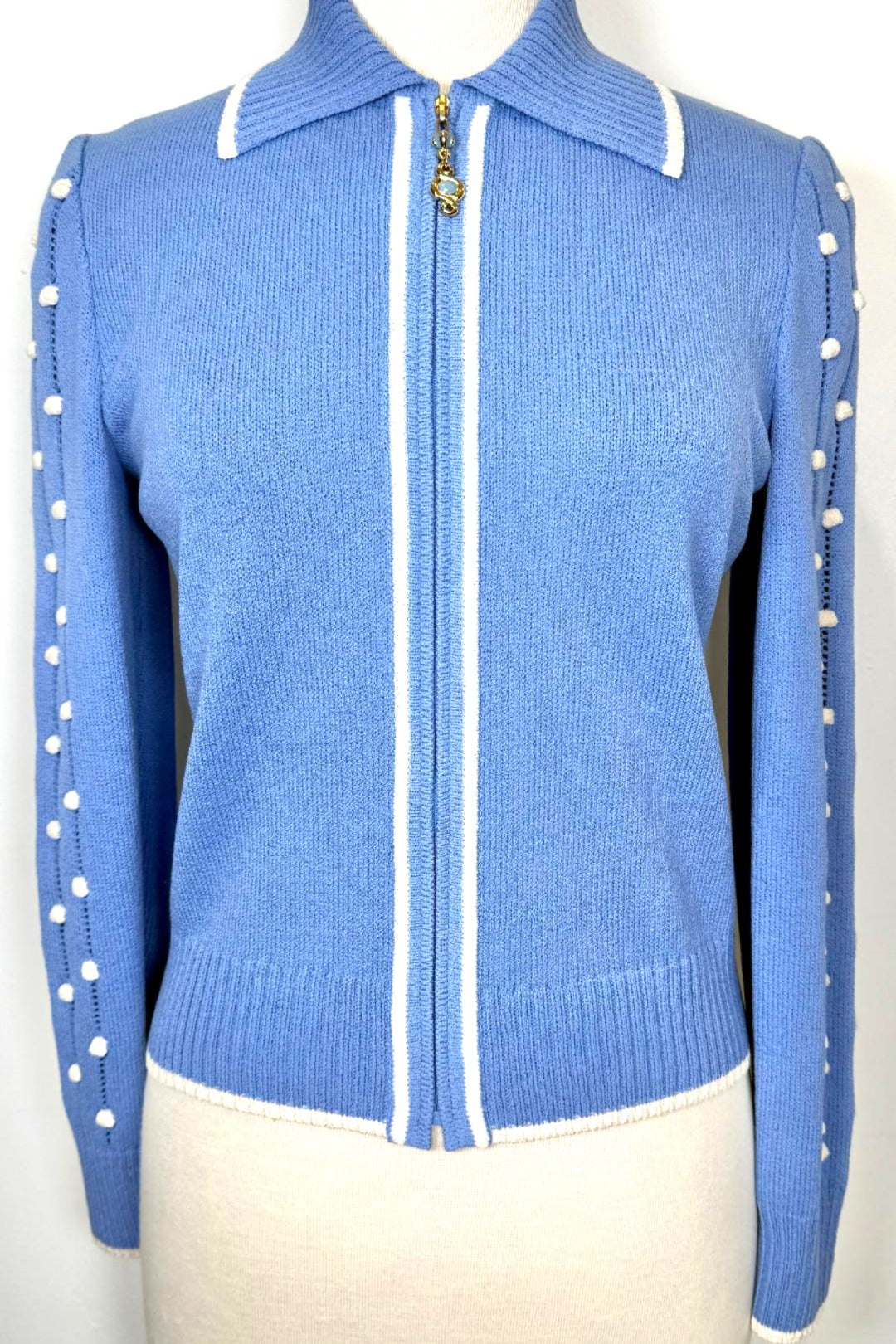 St. John Zip Jacket in Blue with White Trim & Popcorn Stitch Sleeves - Size 4 and 14