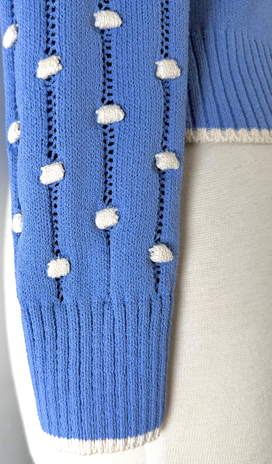 St. John Zip Jacket in Blue with White Trim & Popcorn Stitch Sleeves - Size 4 and 14
