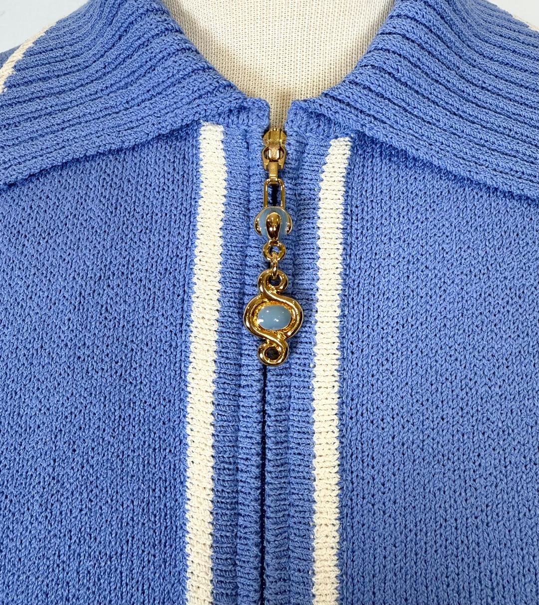 St. John Zip Jacket in Blue with White Trim & Popcorn Stitch Sleeves - Size 4 and 14