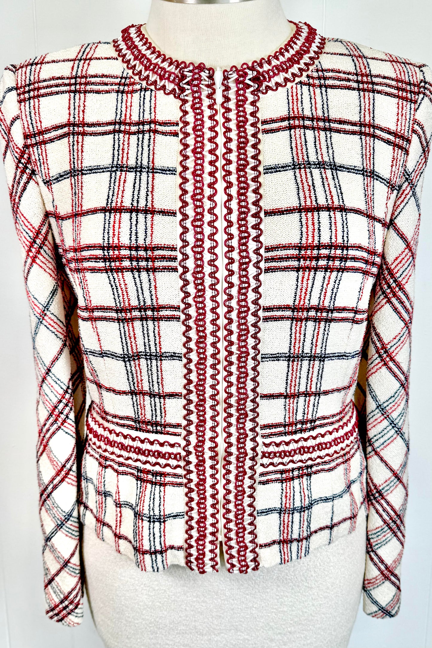 St. John Red & White Plaid Textured Santana Knit Jacket - Size 10