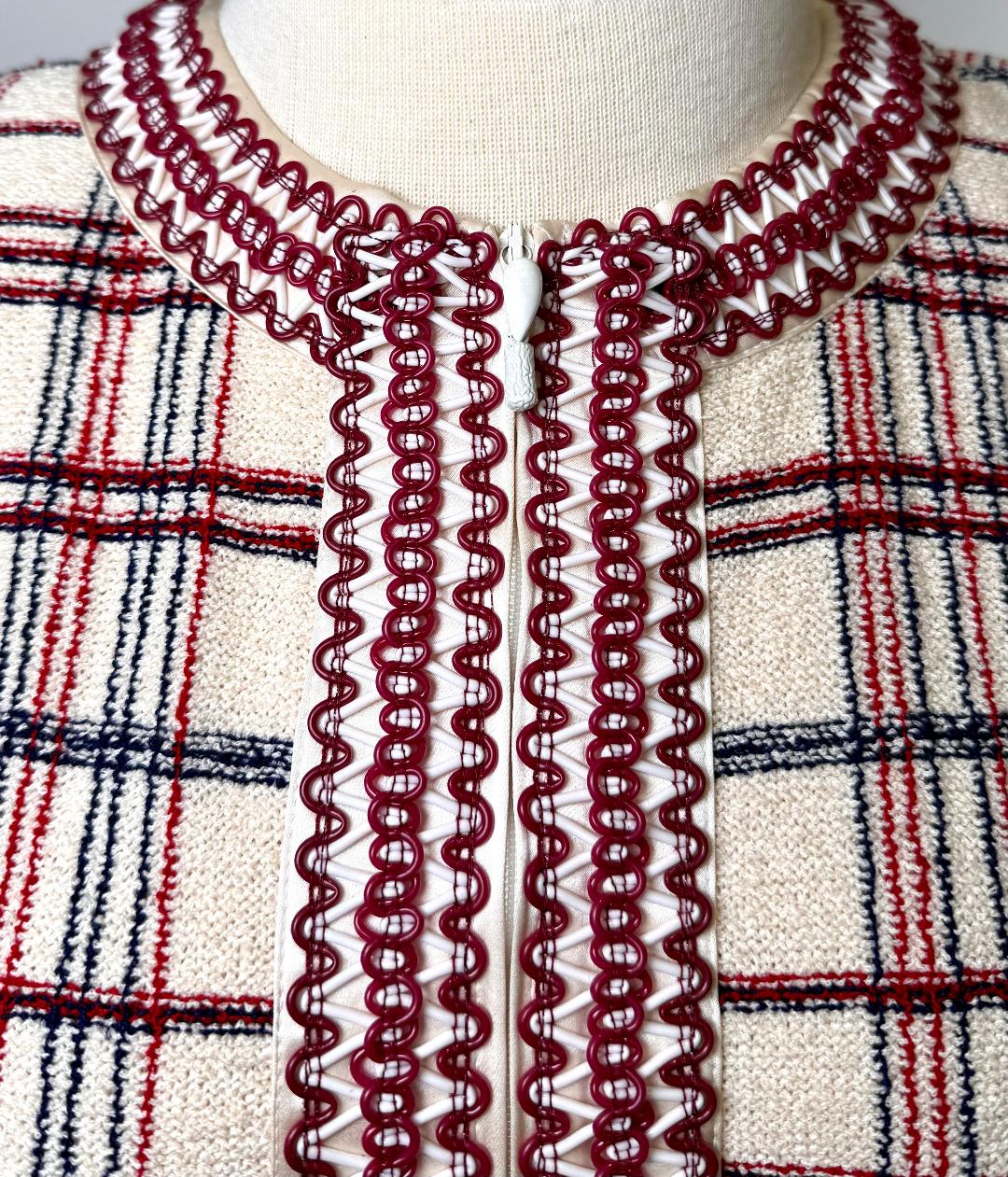 St. John Red & White Plaid Textured Santana Knit Jacket - Size 10