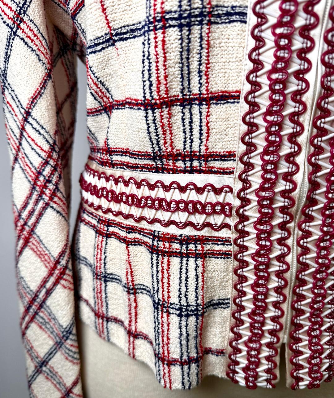 St. John Red & White Plaid Textured Santana Knit Jacket - Size 10