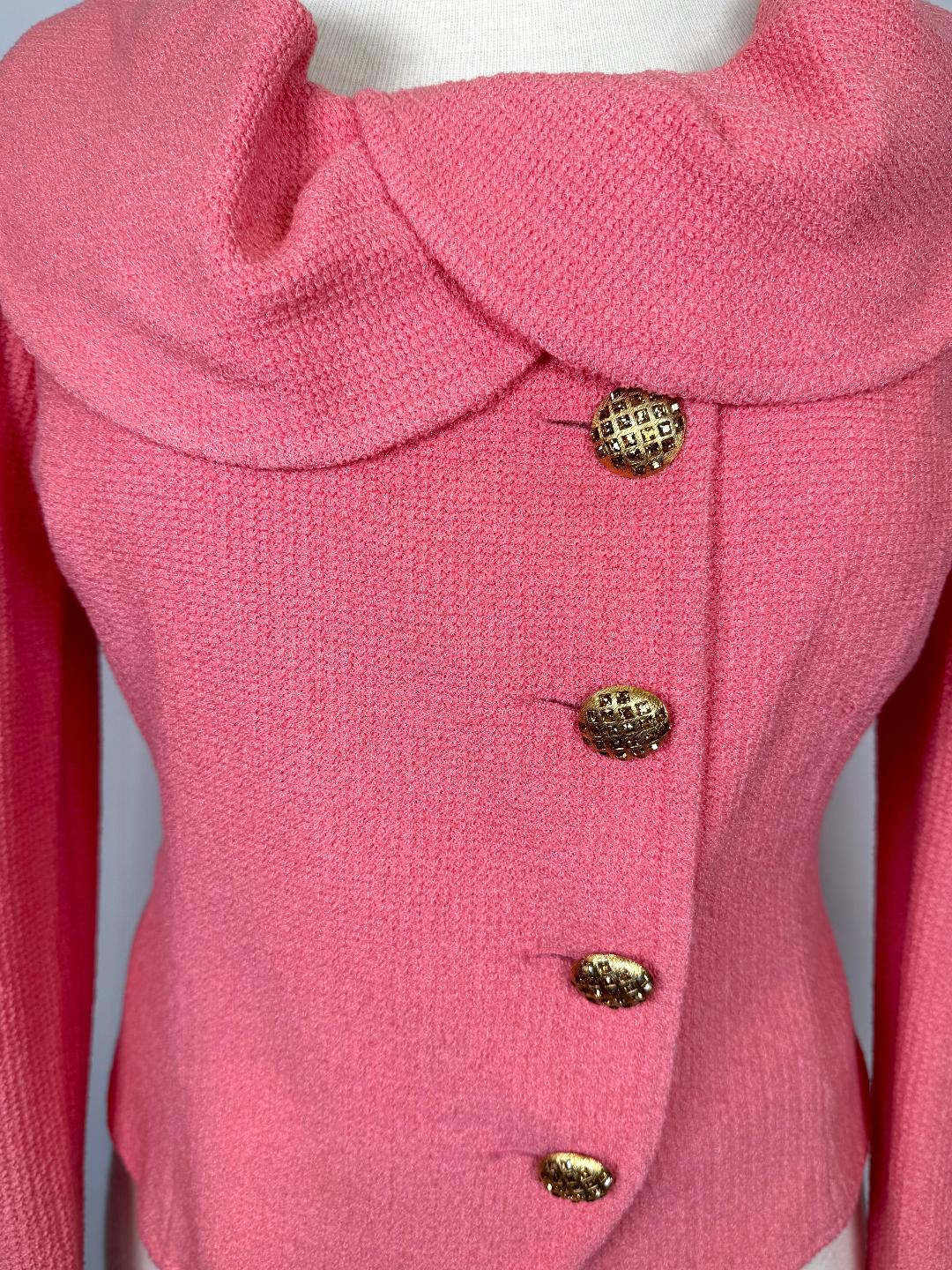 St. John Coral Santana Knit Jacket - Gold Crystal Buttons & Shawl Collar - Size 12