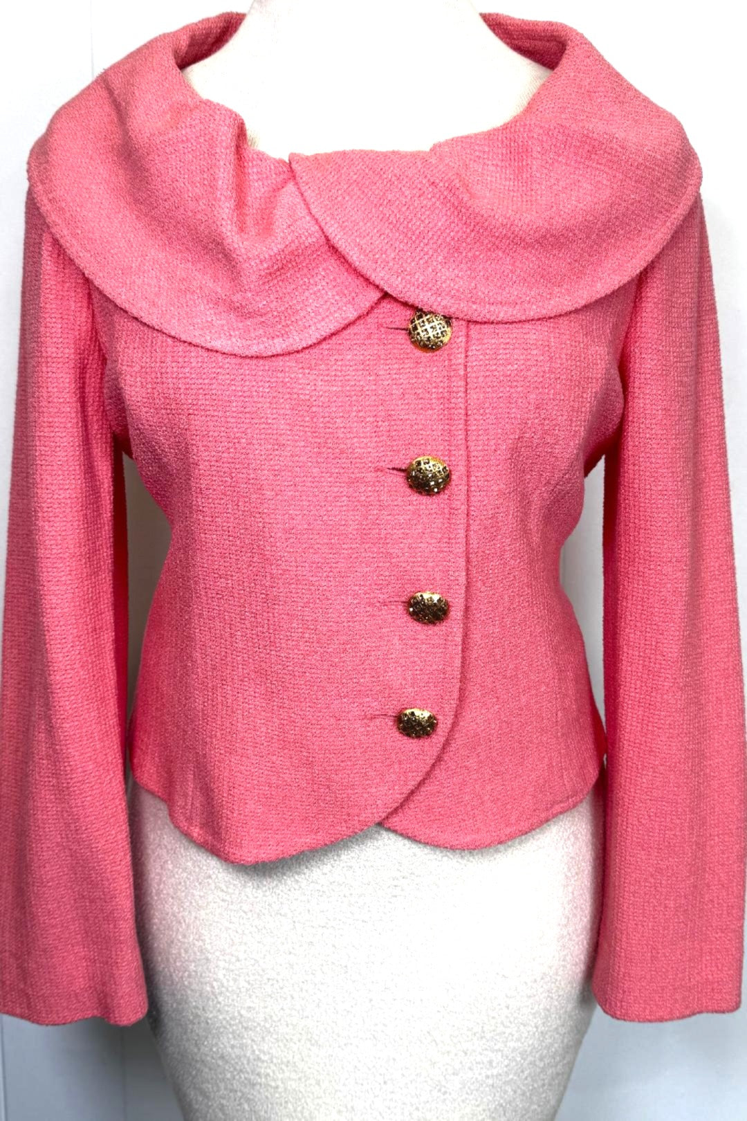 St. John Coral Santana Knit Jacket - Gold Crystal Buttons & Shawl Collar - Size 12