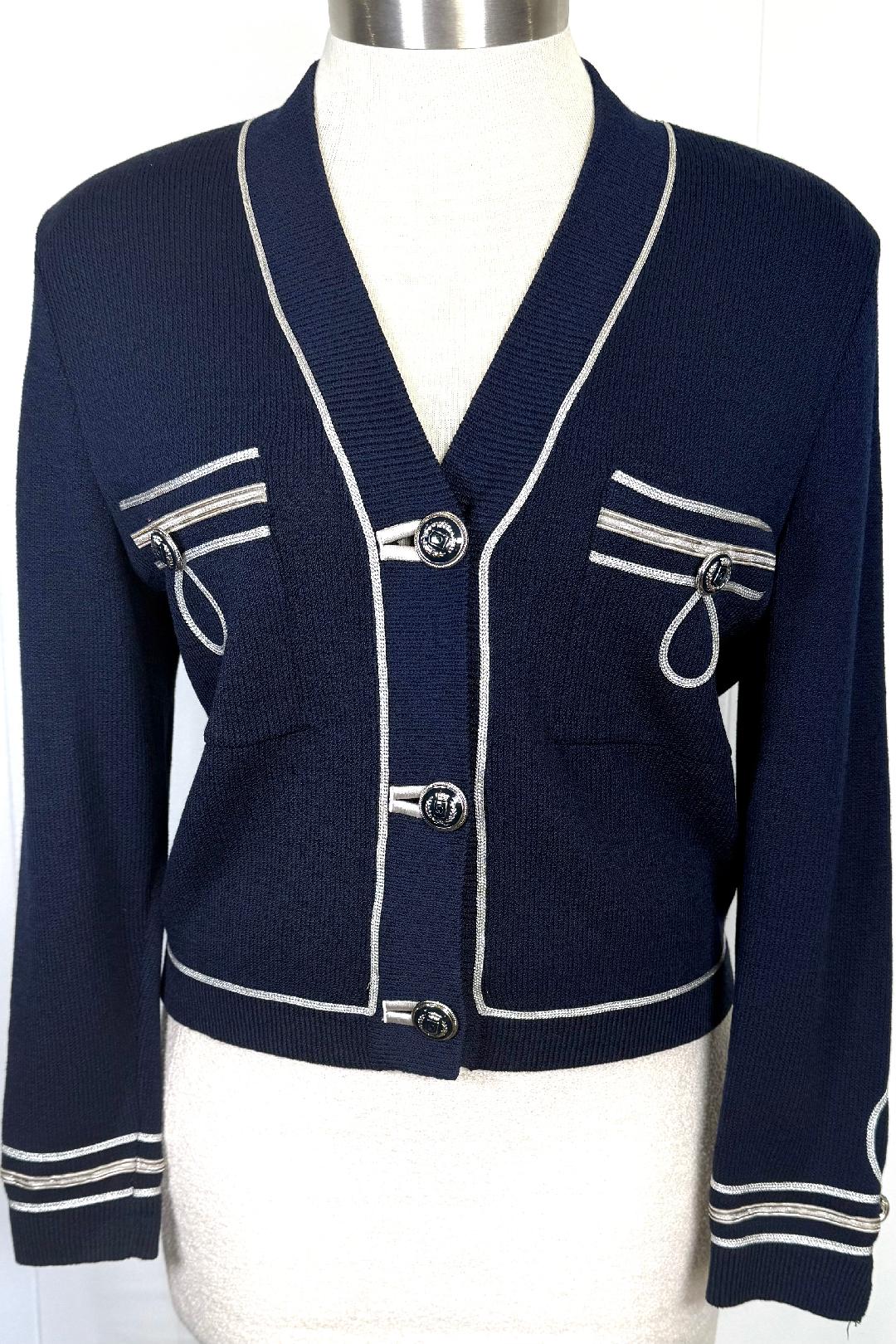 St. John Nautical-Inspired Navy Short Jacket with Silver Trim - Size L/10/12
