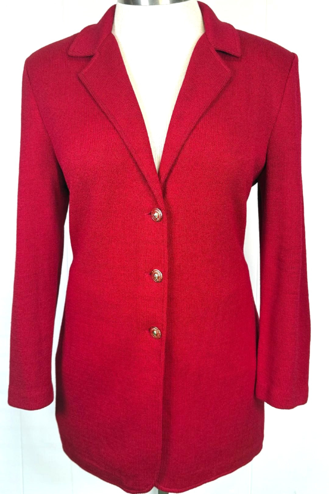 St. John Classic Long Jacket in Dark Red with Gold Logo Buttons - Size L/10/12