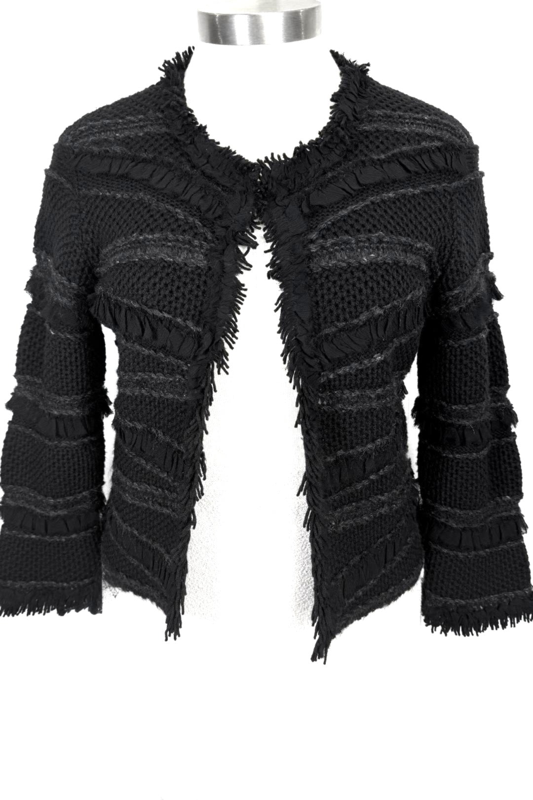 St. John Textured Black Wool Blend Knit Jacket with Fringe Trim - Size 8