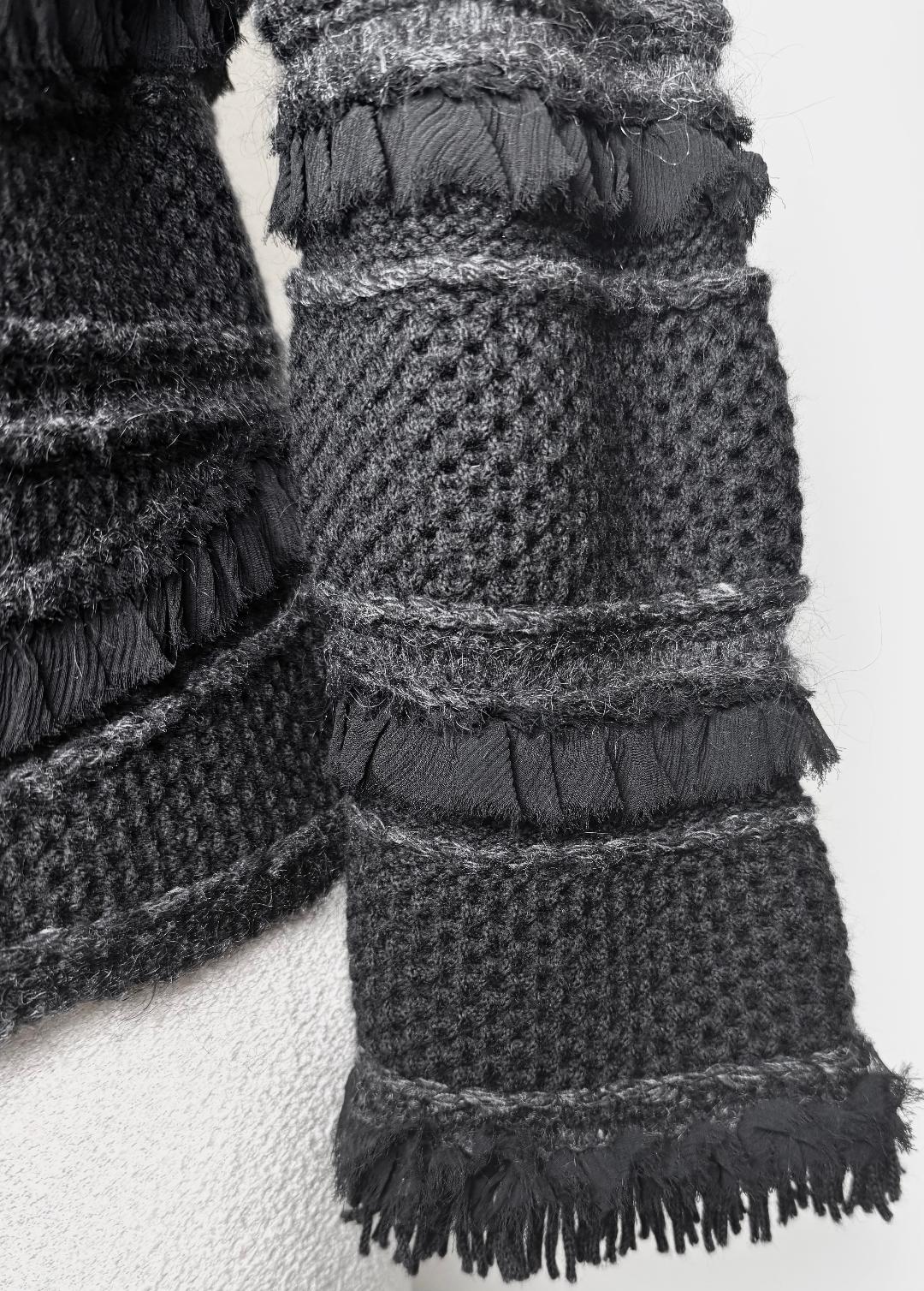 St. John Textured Black Wool Blend Knit Jacket with Fringe Trim - Size 8