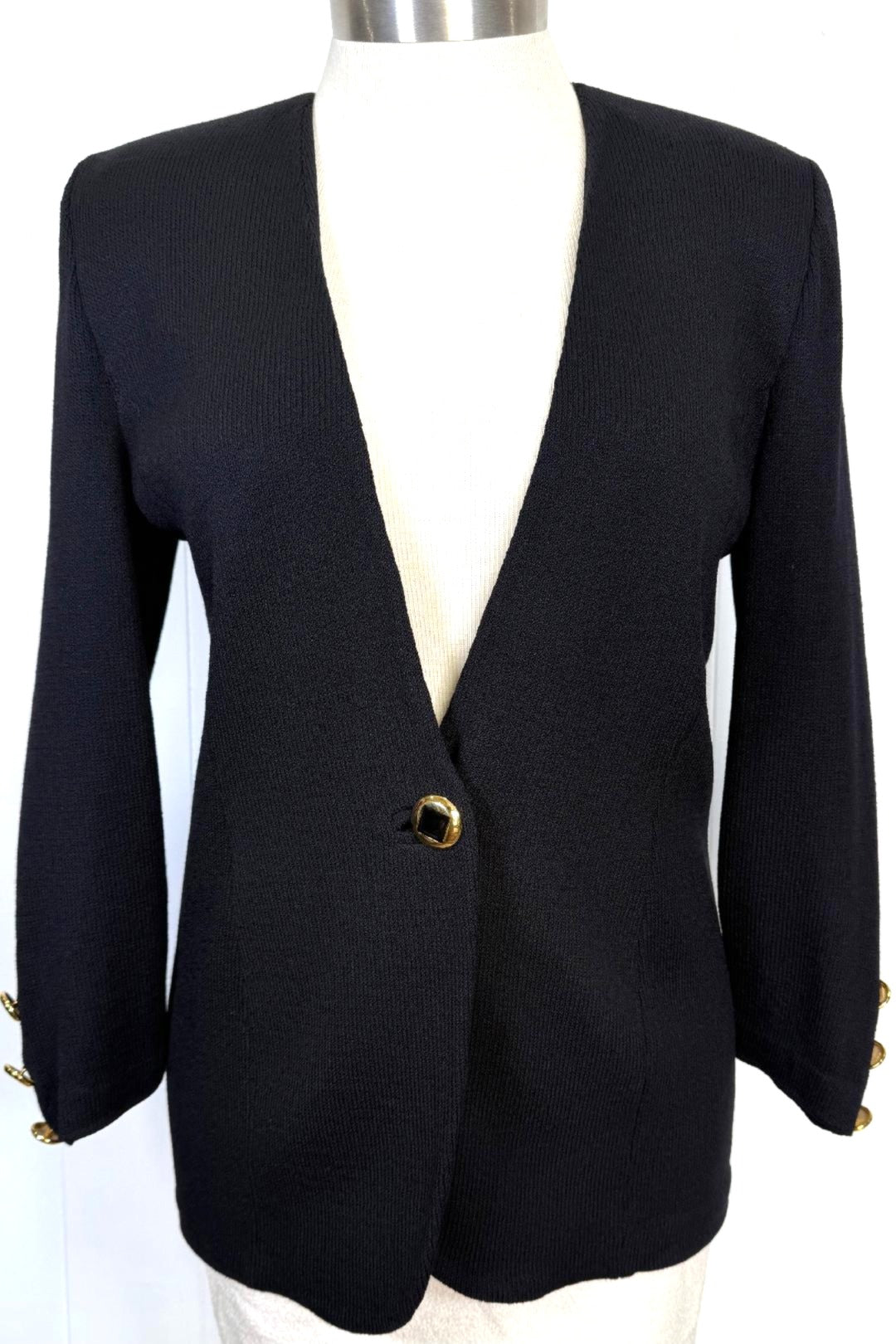 St. John Black Santana Knit Long Jacket with Statement Buttons - Size L/10/12