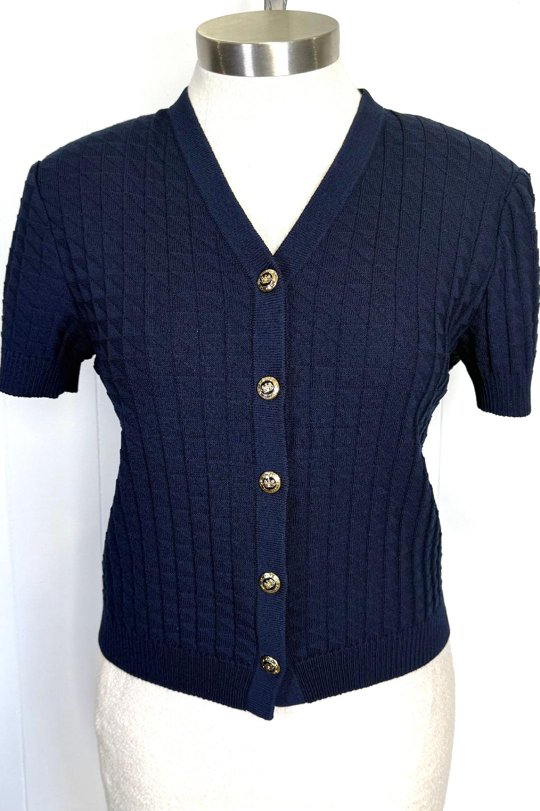 St. John Classic Short Sleeve Jacket in Navy Textured Santana Knit - Size M/8/10