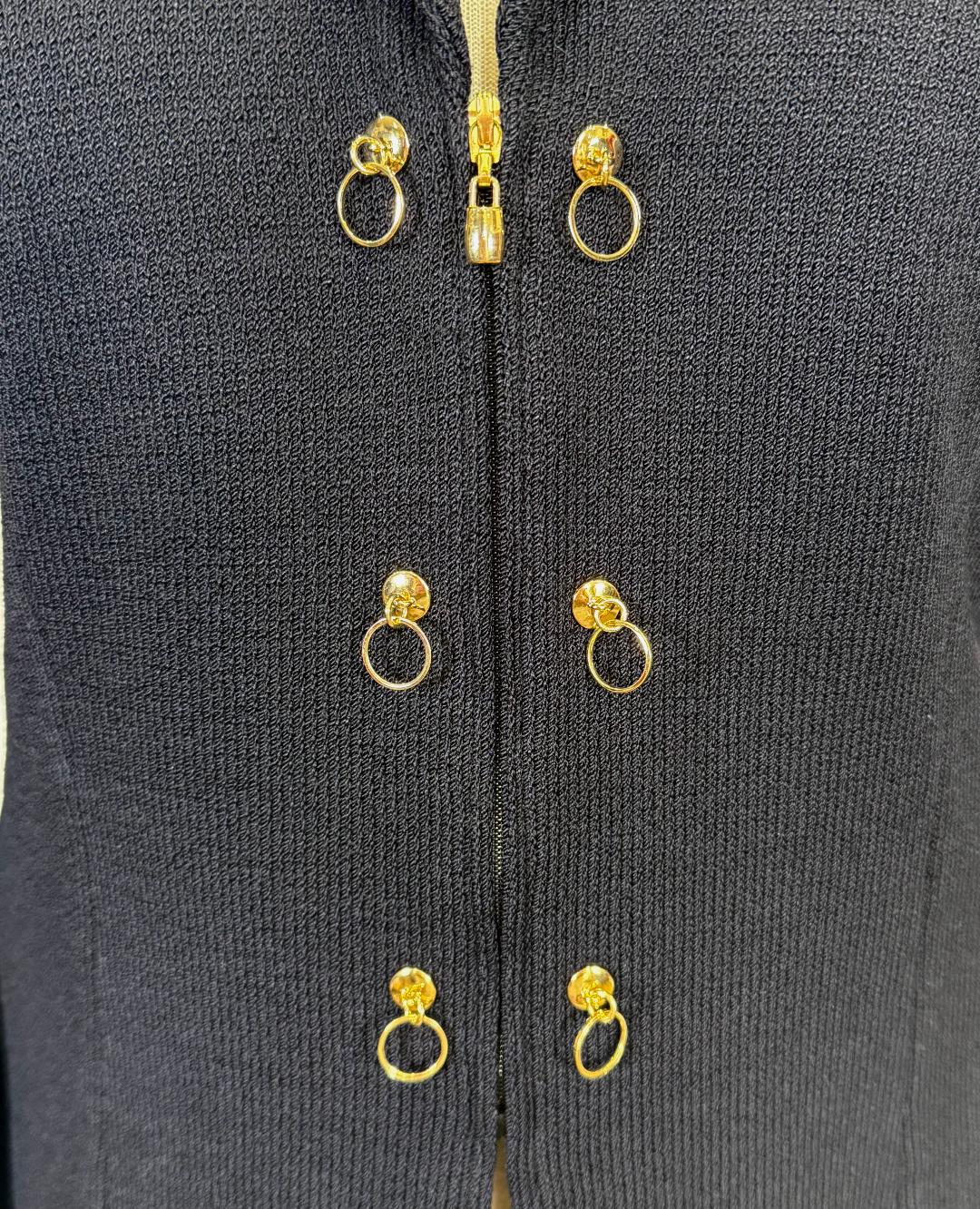 St. John Chic Black Santana Knit Jacket with Gold Chain Trim - Size 12